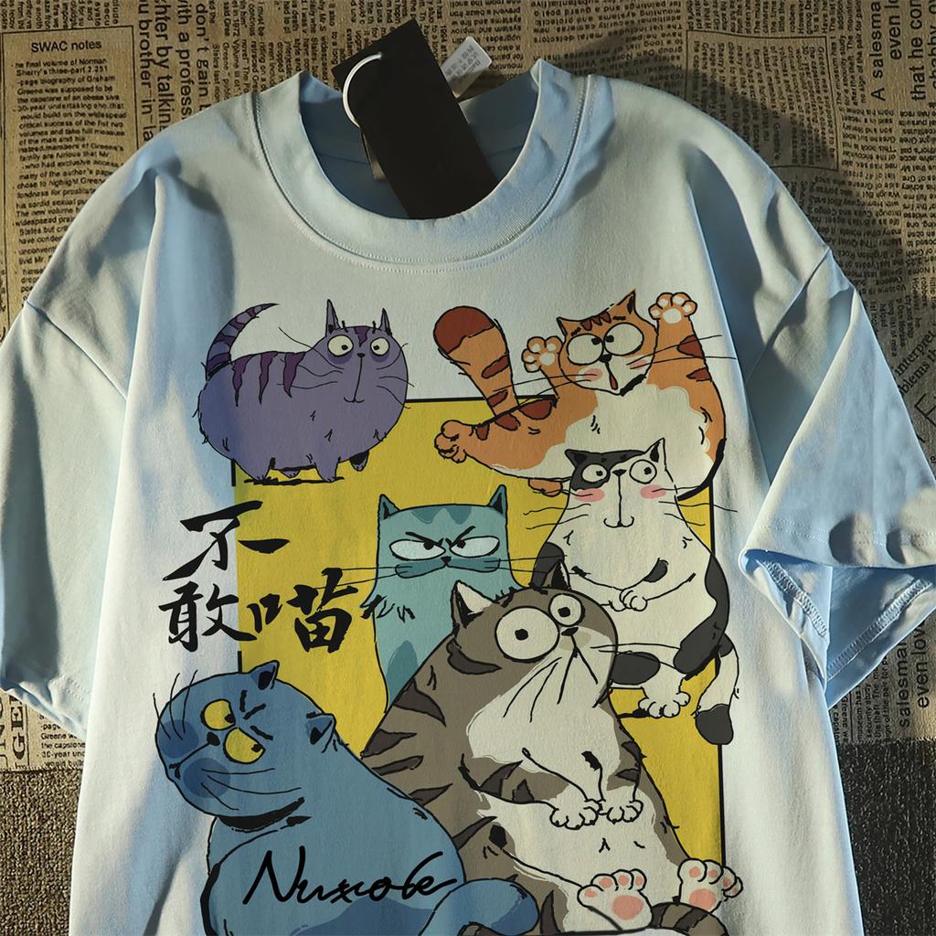 Футболка из чистого хлопка Летняя забавная футболка с принтом мультяшного кота Женская одежда Harajuku повседневная футболка большого размера черная белая Y2k Топы УНИСЕКС уличная одежда
