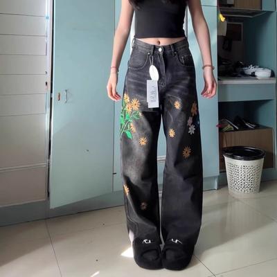 Женские прямые джинсы Design Sense с цветочной вышивкой, новые весенние свободные брюки с высокой талией и широкими штанинами, скользящие в пол