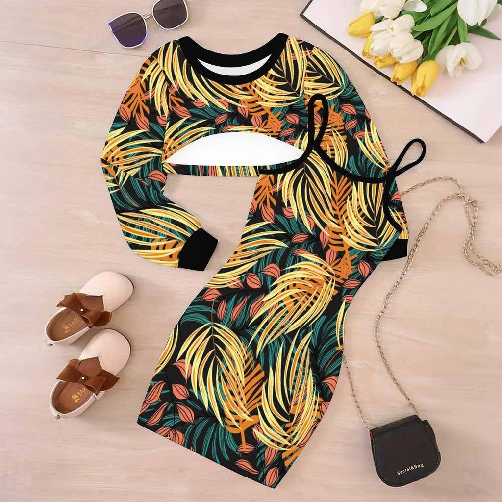 Girls Cartoon 2 Piece Outfits, Long Sleeve Crop Top + Spaghetti Strap Bodycon Dress, Vintage Print Party Dress Set