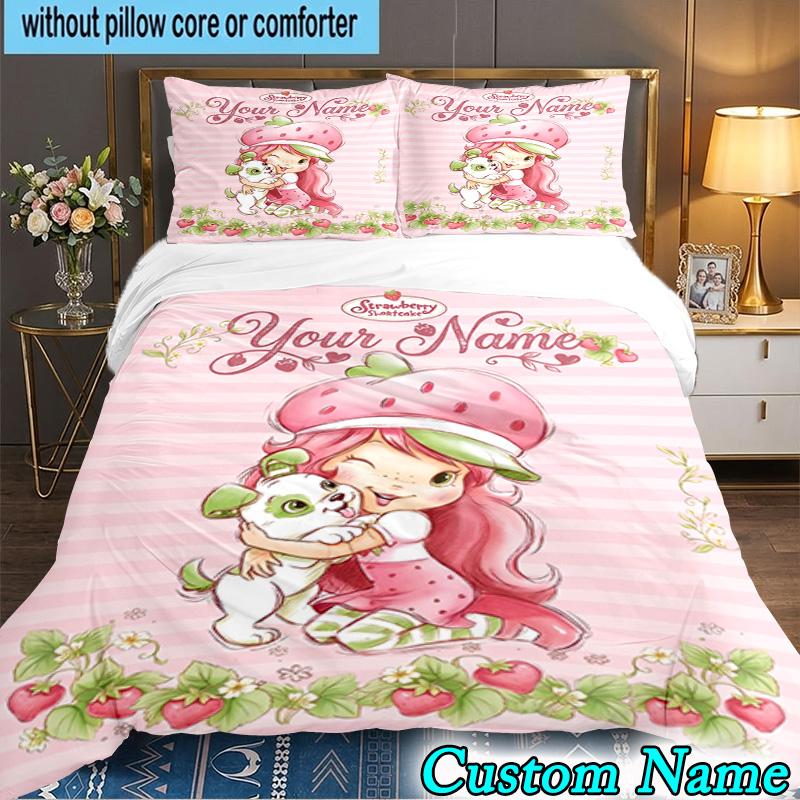 Custom Name 3PCS Straw-berry Sweet Moment Bedding Set,Including Duvet Cover And 2pcs Pillowcases Perfect for Bedroom,Dormitory,Fan Christmas gift