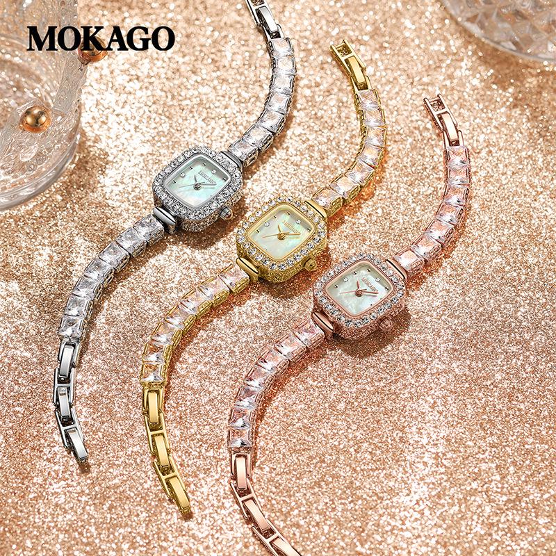 Стильные женские водонепроницаемые кварцевые часы MOKAGO, инкрустированные кристаллами, с медным браслетом