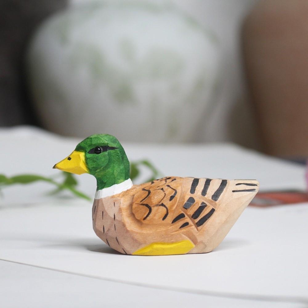 Mini Wooden Duck Figure Cute Desktop Ornament Creative Green-headed Duck Statue Entryway Decor
