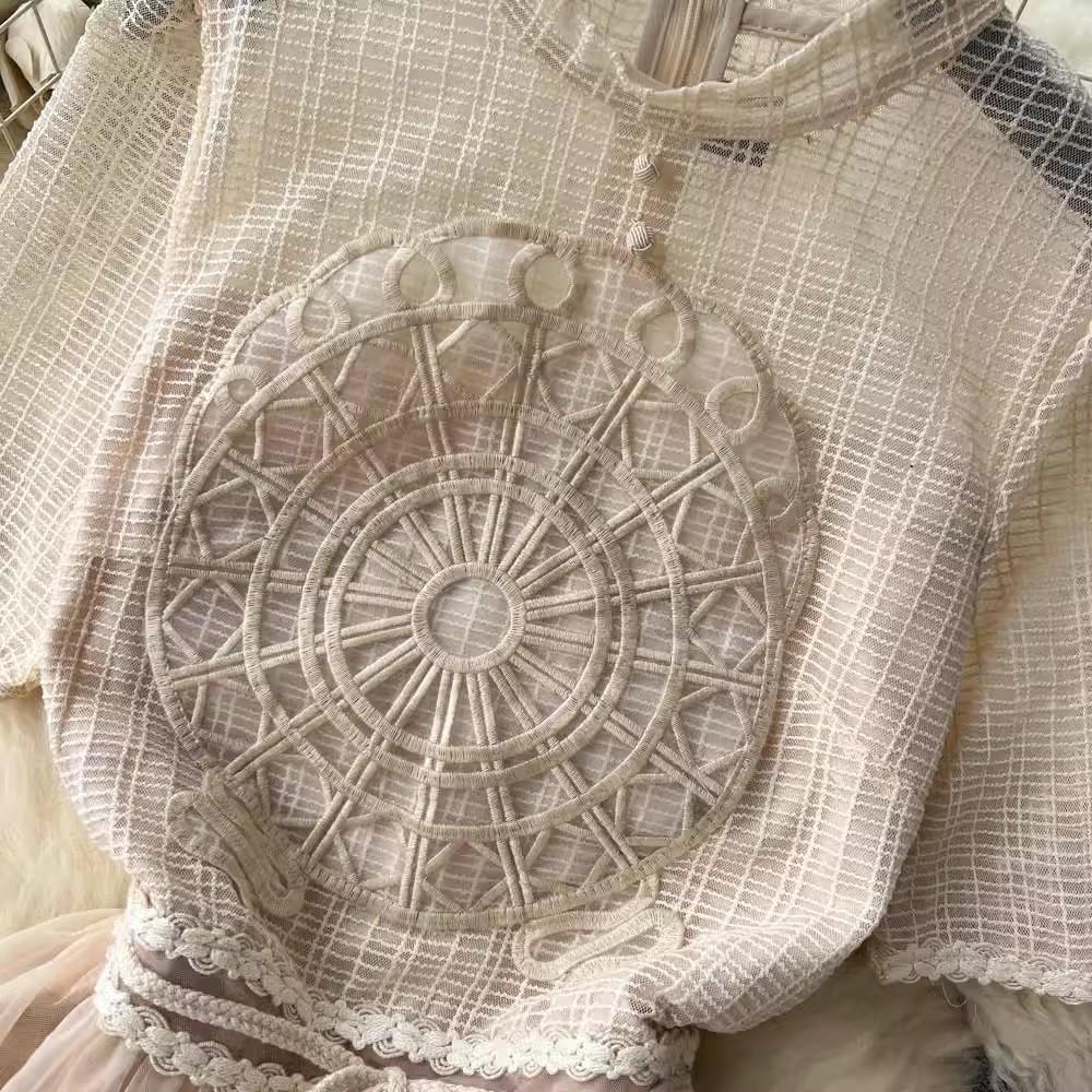 Летнее клетчатое ажурное платье для подиума с вышивкой, женское платье-стойка с коротким рукавом, бежевое шитье, сетчатое тюлевое платье с бантом на шнуровке, вечерние платья