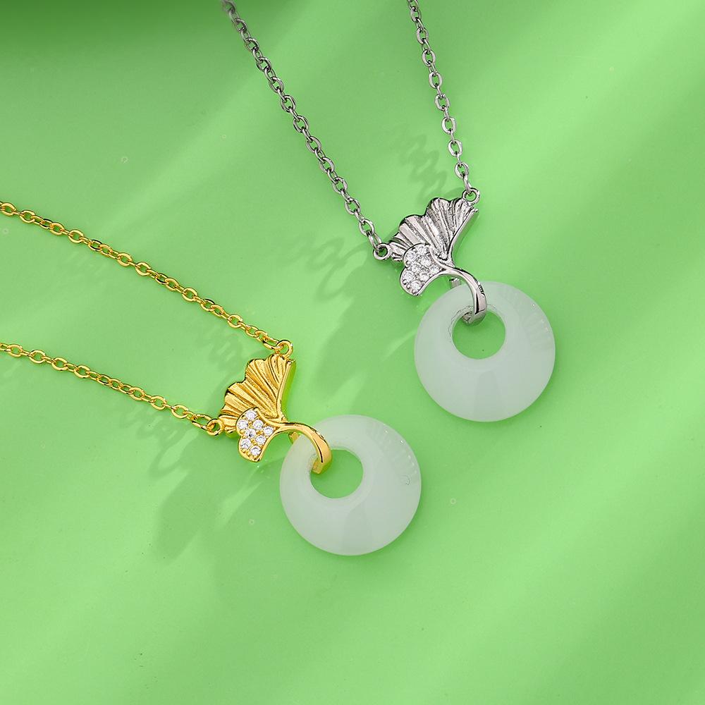 Sansheng Has Apricot Hetian Jade Necklace Female Guochao Design Sense Zircon Ginkgo Biloba White Jade Safety Buckle Collarbone Chain