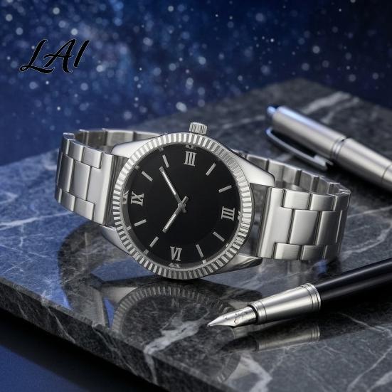 Office Wear Watch Men Roman Numeral Wrist Watch Round Dial with Casual Quartz Stainless Steel Band Business Fashion Jewelry