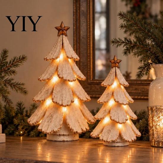 Indoor Christmas Light Decorations Vintage Lighted Tree Figurine, Glowing Tabletop Centerpiece with LED Winter Holiday Home Accents Light, Pine