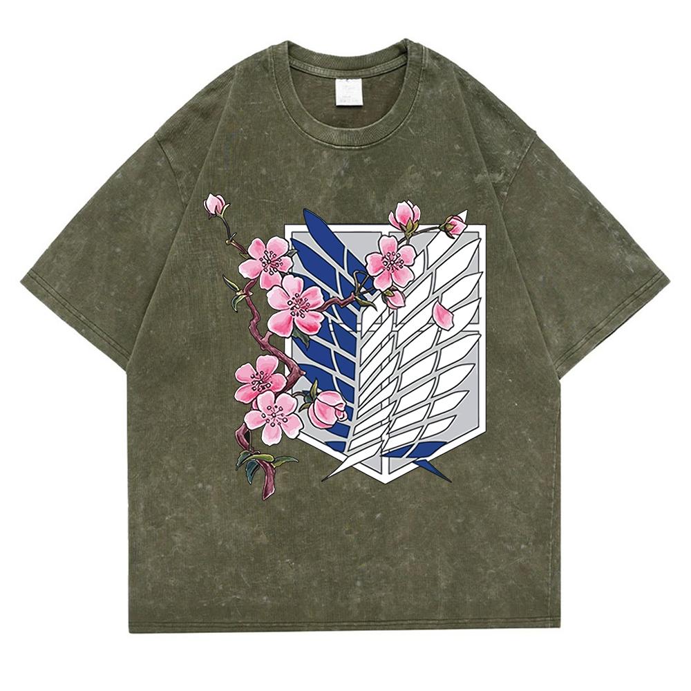 Цветы вишни и крылья свободы, вымытая ретро-футболка со снегом, мужская модная хлопковая одежда, футболки, хип-хоп, свободные повседневные топы