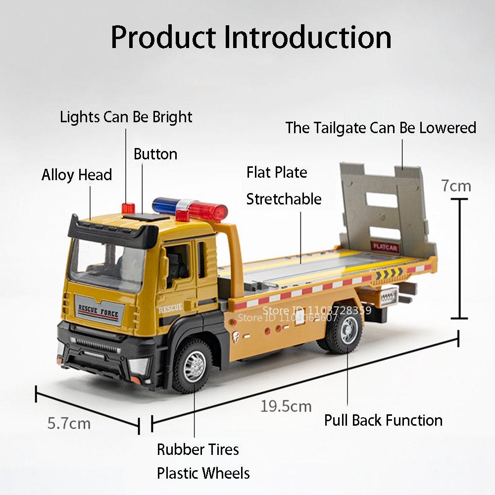 1:32 Road Rescue Engineering Vehicle Model Toy Metal Diecast Platform Trailers Sound Light Doors Opened Pull Back for Boys Gifts