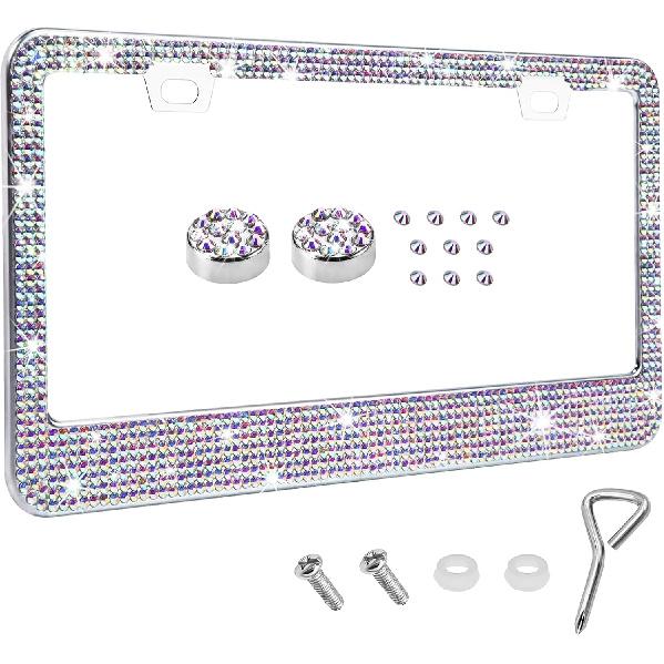 Bling License Plate Frame for Women, License Plate Holder, Sparkly Rhinestone Diamond Tag Holder Frames with Crystal Screws Caps, Stainless Steel