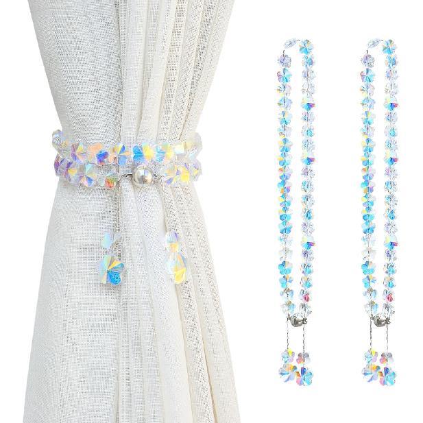 Magnetic Curtain Tiebacks,Crystal Beads Rope Drapery Holdbacks Holder for Small,Thin or Sheer Window Draperies,15 Inch Long,2 Pack (Flower)