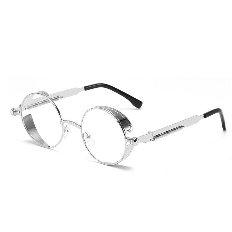 New round-frame sunglasses, metal, trendy, punk style Reflective and dazzling retro sunglasses for women