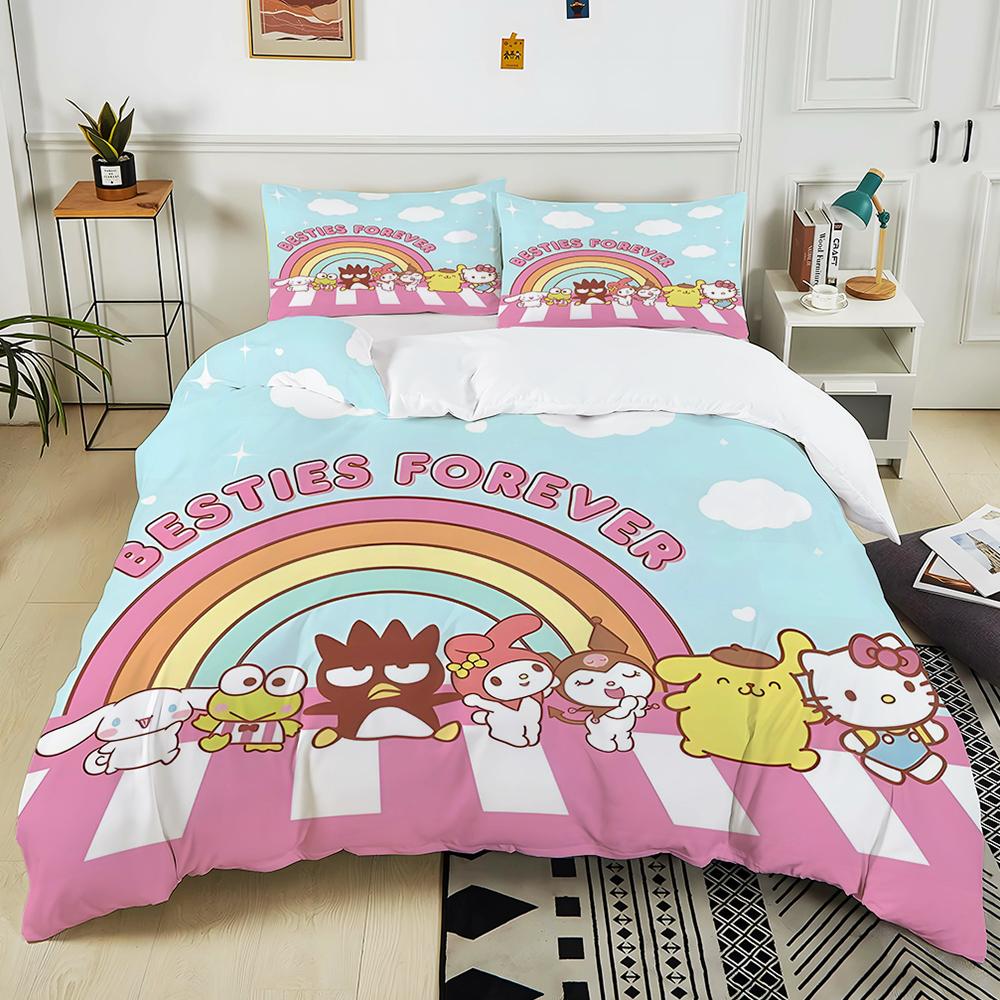 Милые комплекты постельного белья с принтом Sanrio Friends Hello Kitty Melody Cinnamoroll Покрывало Пододеяльник Наволочка Комплекты из 2-3 предметов