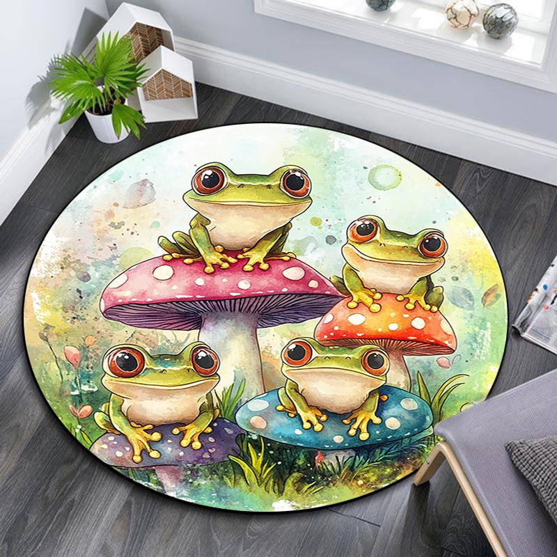 Frog Toad Mushroom Round Area Rug,Carpet Rug for Living Room Bedroom Sofa Playroom Decor,Non-slip Floor Mat