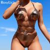 Halter PU Faux Leather Female Swimsuit High Waist Bikini Women Swimwear Two-pieces Bikini Set Bather Bathing Suit Swim