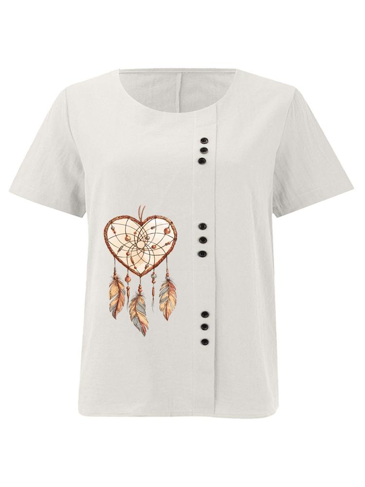 Women's Fashion Love Feather Print Shot Sleeve T-shirt Loose Cotton Shirt Casual Loose Summer Blouse Tops Plus Size