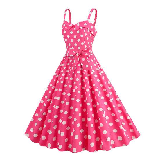 Women Vintage Dress 50s Retro A-line Big Swing Sleeveless Dot Print Contrast Color Elastic Bust High Tight Waist Backless