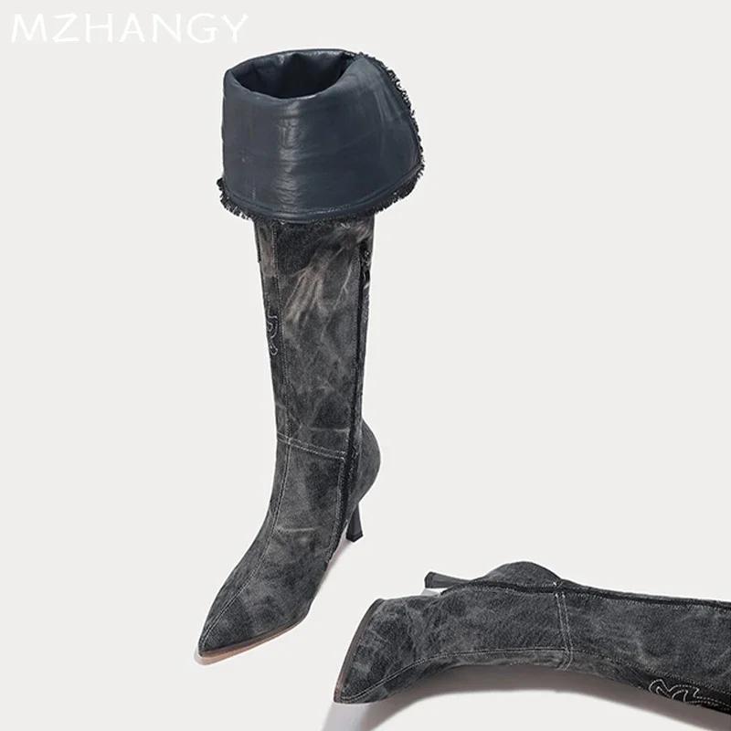 Женские ковбойские высокие ботинки с острым носком, сексуальные туфли на высоком каблуке, элегантные женские зимние ботинки челси 2024 года, туфли-лодочки, новые женские ботинки