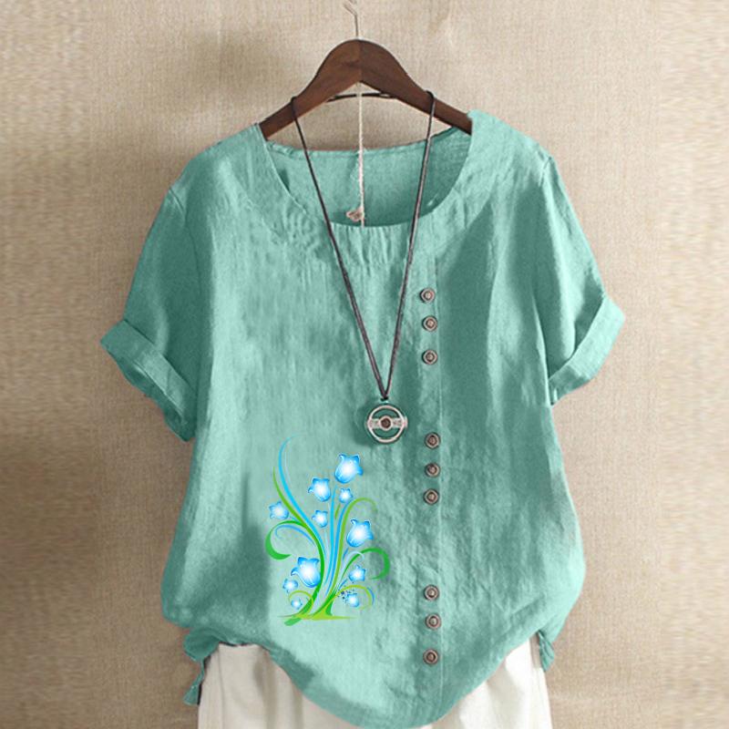 Women's Fashion Flower Prined Round Neck Short Sleeve T-shirt Casual Cotton Linen Graphic Shirt Leisure Loose Summer Blouse Tops Plus Size