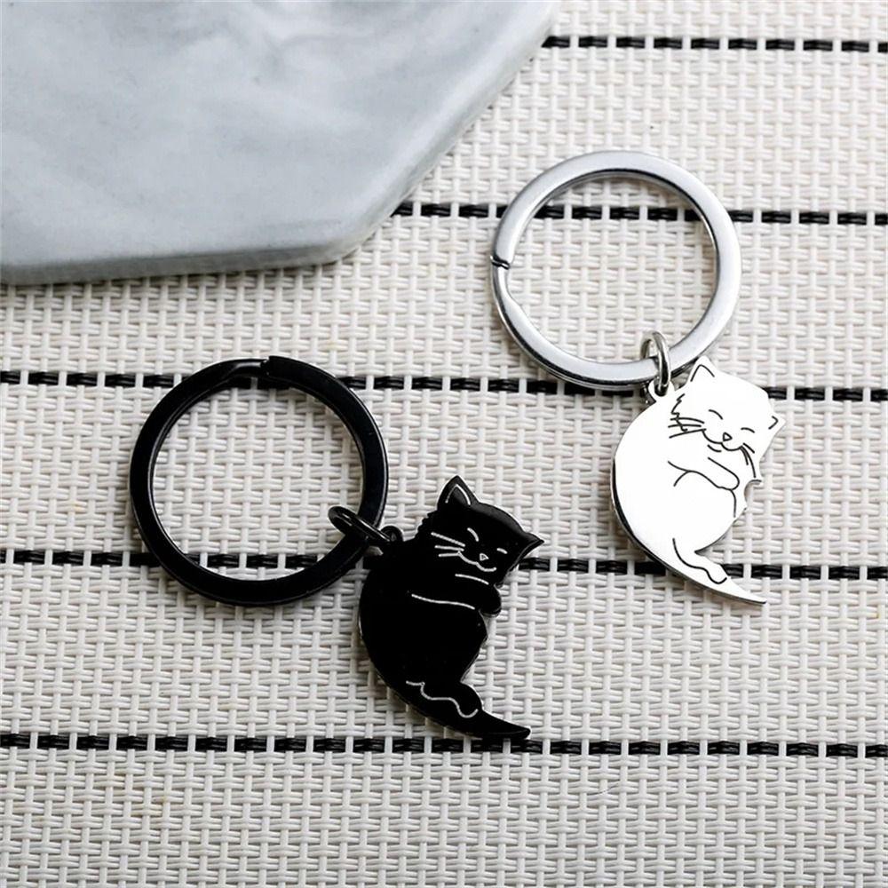 Stainless Steel Couple Keychain Hug Cat Lovers Keyring Matching Cat Key Ring  Valentine's Day Gift