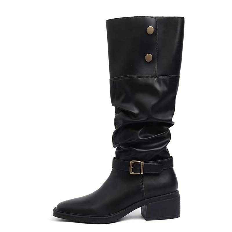 Women's Cowhide Retro Thick-Soled Over-the-Knee Western Boots with Two-Way Belt Buckle and Stacked Heels