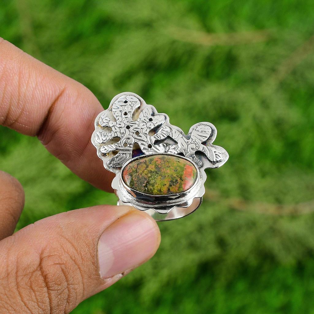 Mothers day Sale Heart Chakra Unakite Gemstone Bezel Daughter Ring 925 Silver