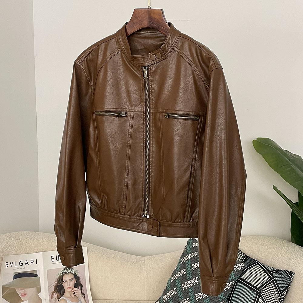 OFTBUY Женская винтажная свободная короткая куртка из искусственной кожи с карманами, мотоциклетная куртка, женская молния, ретро-байкерское пальто, верхняя одежда, топы