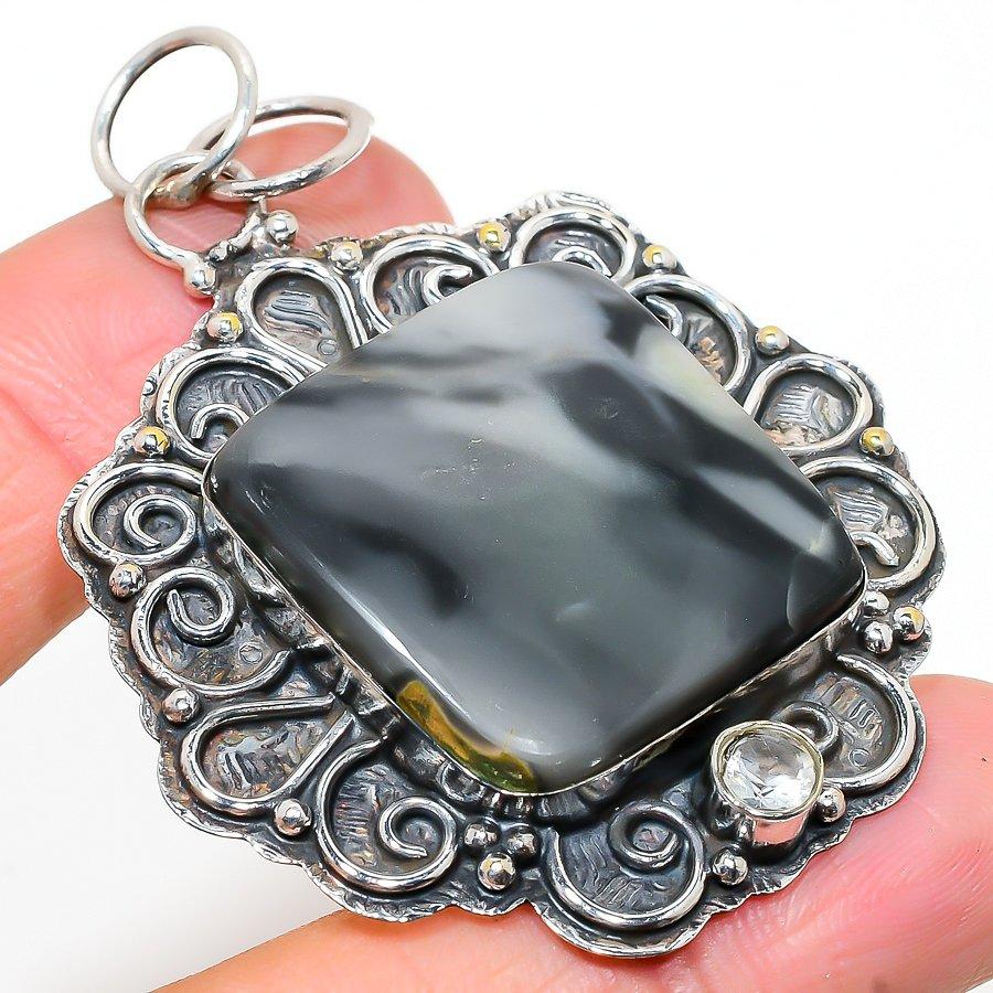 Ocean Fume Agate, Topaz 925 Sterling Silver Jewelry Pendant 2.52" P1j90