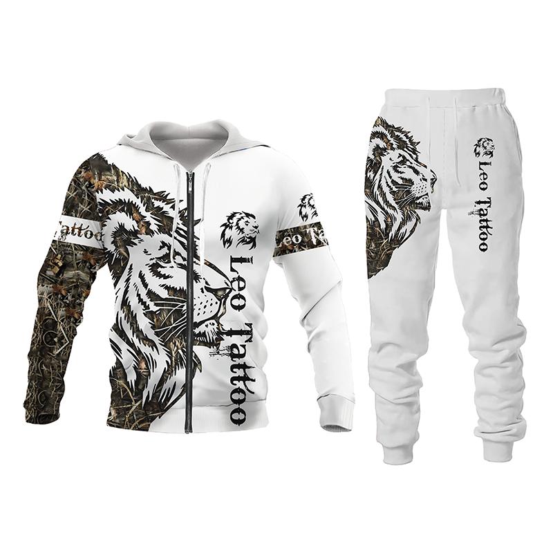Мужской/женский костюм с капюшоном с 3d принтом волка/льва/тигра, комплект из двух предметов с капюшоном на молнии, осенне-зимний спортивный костюм с капюшоном + брюки