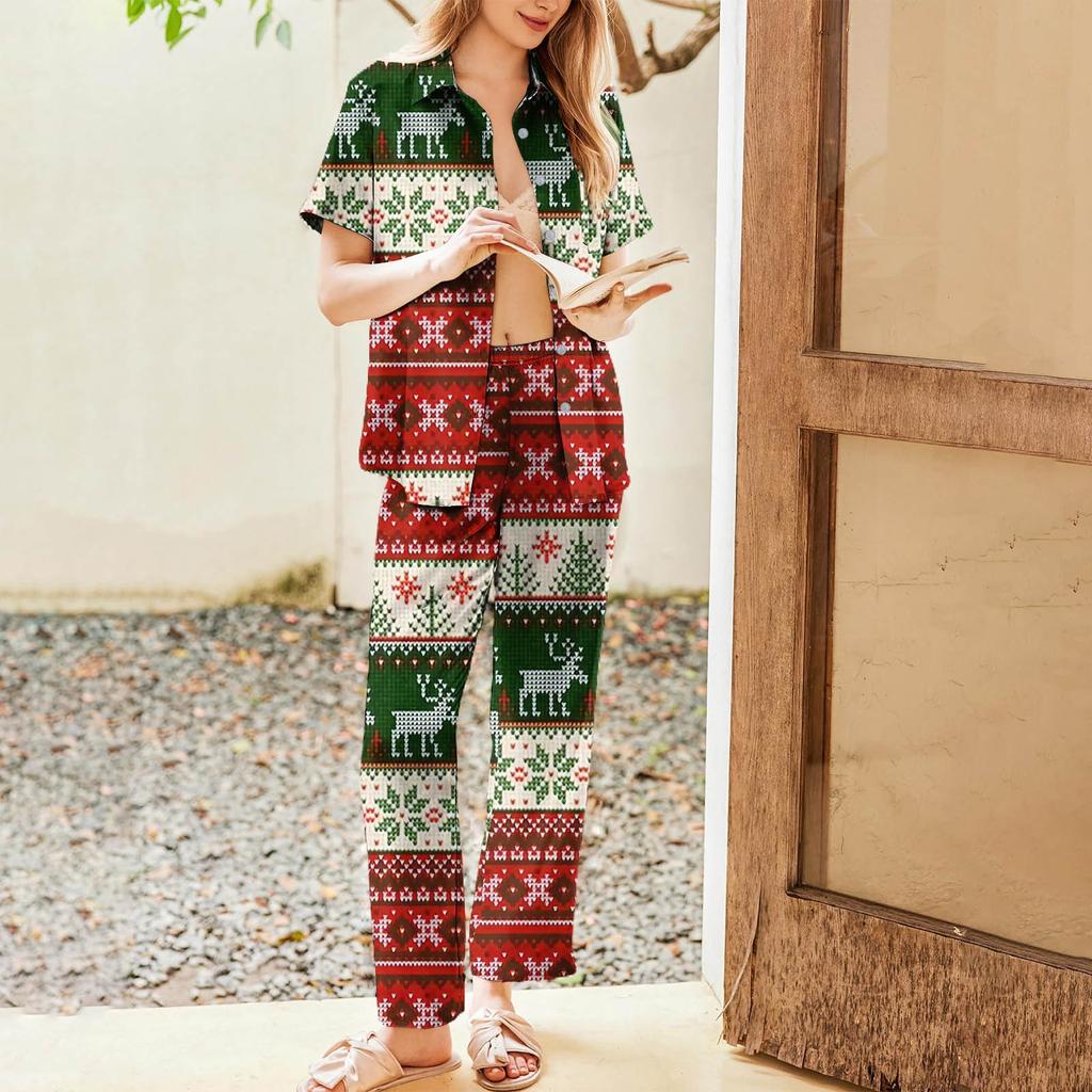 Женский рождественский пижамный комплект с принтом, женские короткие рукава, длинные брюки, комплект из двух предметов, застегивающийся на пуговицы, домашняя одежда