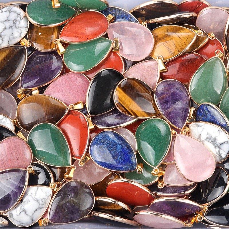 Factory Price High Quality Crystal Stone Water Drop Pendant Amethyst Tiger Eye for DIY Necklaces Jewelry Making