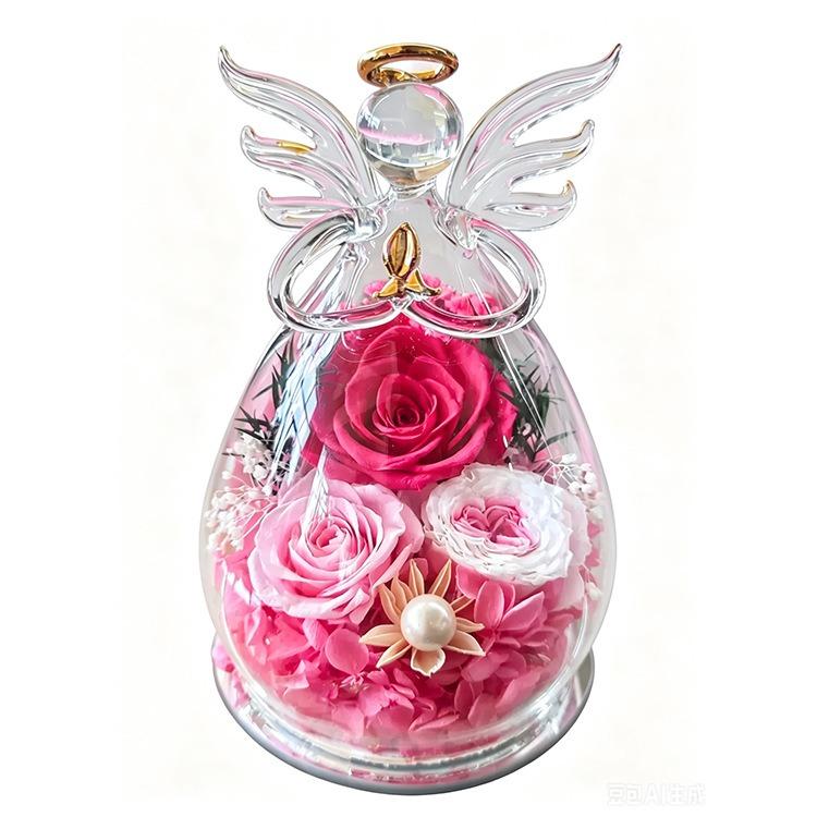 Preserved Rose Forever Flower in Glass Angel Figurines, Flowers for Delivery, Gifts for Mom Birthday Gifts for Women Mom Grandma Wife Friends