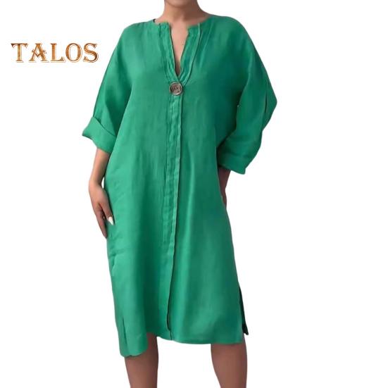 Женское осенне-летнее платье Свободное платье с V-образным вырезом и рукавами три четверти Трапециевидной формы Сплошной цвет с разрезом на пуговицах Декор Повседневная повседневная одежда Платье миди