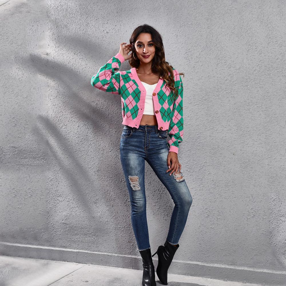 GMXIA Женская мода, повседневный ромбовидный принт, осень-зима, свободные свитера с длинным рукавом и v-образным вырезом, пальто