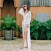 Sexy See Through Long Sleeve Mesh Bikini Cover-ups White Tunic Women Beachwear Bathing Suit Cover Up Summer Beach Dress D12