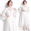 Autumn Crochet White Lace Embroidery Sets Women Dress Suits Hollow Out Loose Shirt Elastic Waist Maxi Skirt Suit