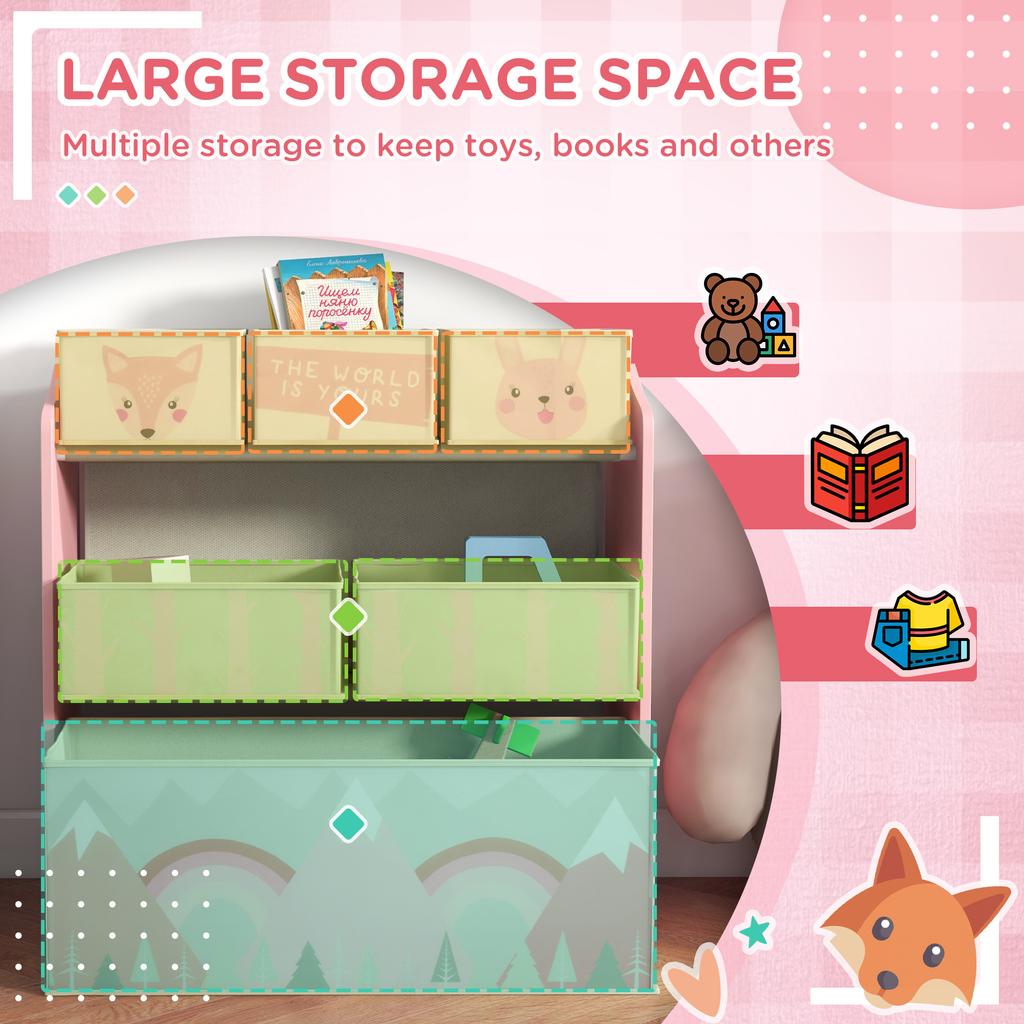 Kids Storage Unit Toy Storage Organiser With Six Fabric Bins For Bedrooms Playrooms Nurseries Pink