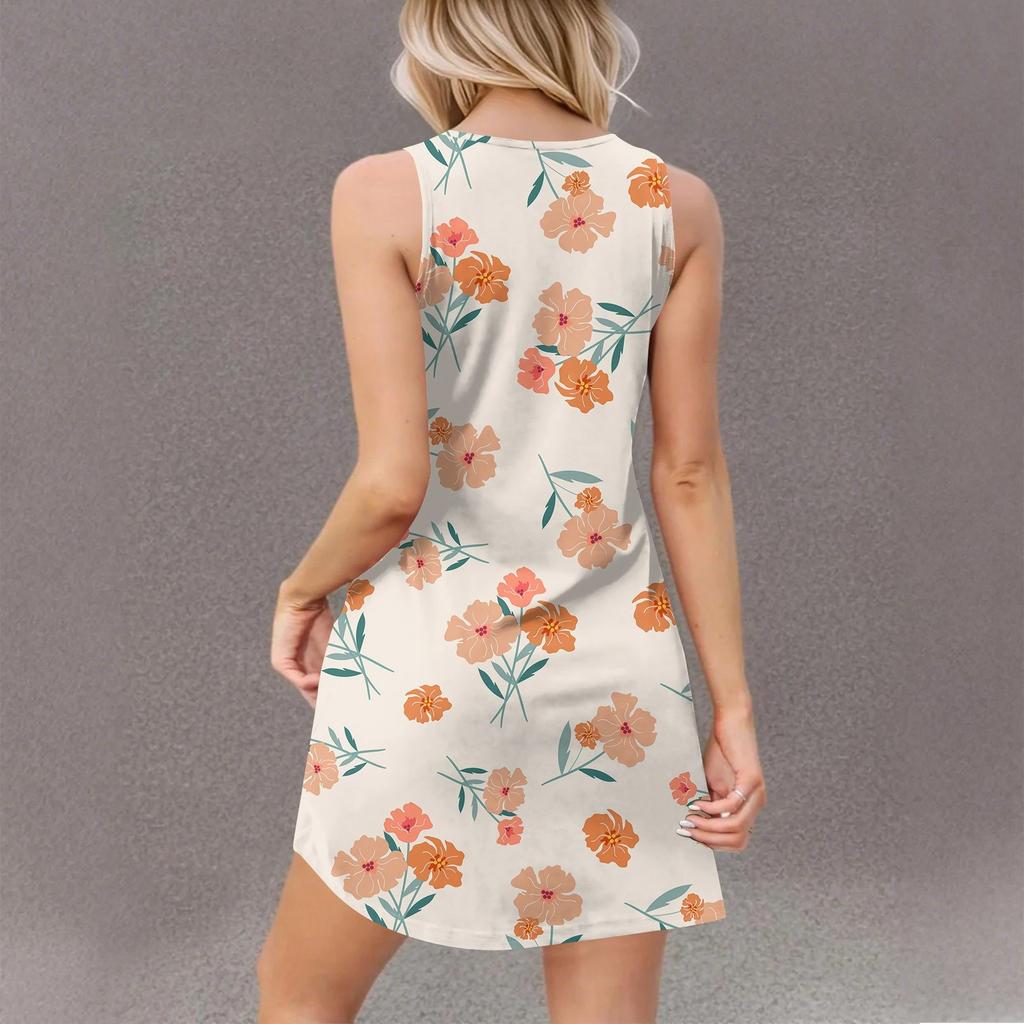 Женское повседневное летнее платье-жилет с карманами, цветочным принтом, V-образным вырезом, без рукавов