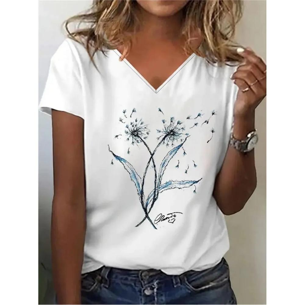 Новая женская футболка с простым цветочным принтом, футболка больших размеров, летняя женская одежда, дизайнерская, с коротким рукавом, с V-образным вырезом