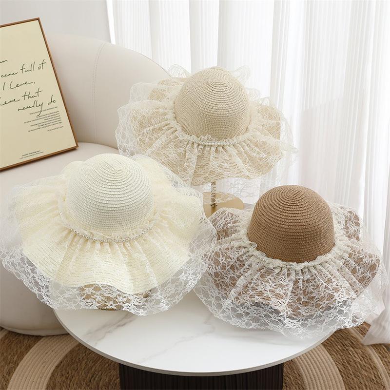 French lace holiday style straw hat summer beach seaside UV protection straw hat holiday visor sun protection hat