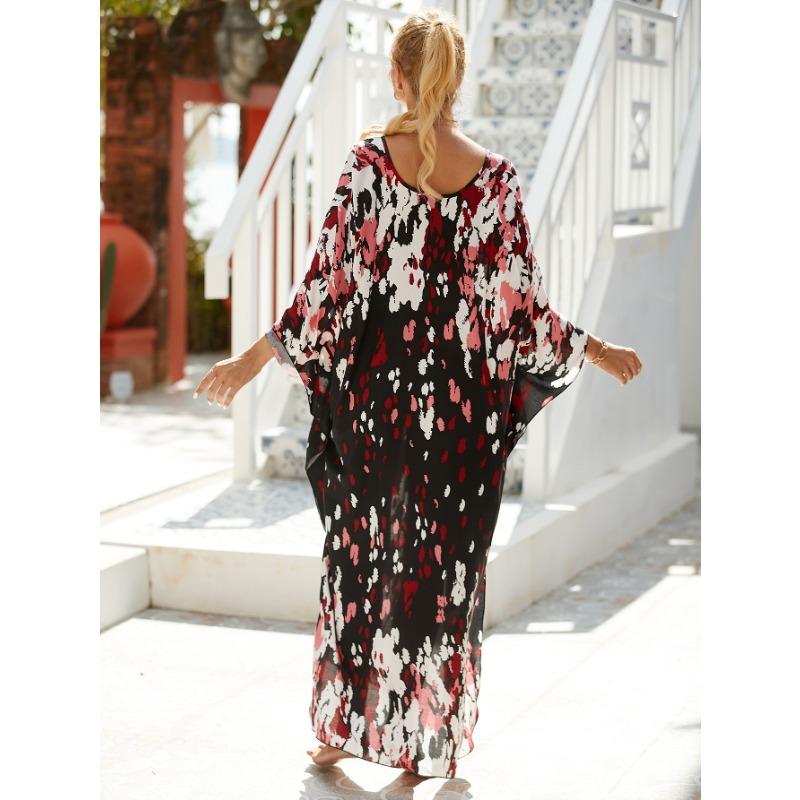 Women's Boho Cover Up, Plus Size Contrast Loose Fit Vacay Beach Kaftan Dress
