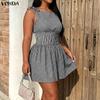 VONDA Women Sleeveless Elastic Waist Plaid Print Ruffled Casual Mini Tank Dress