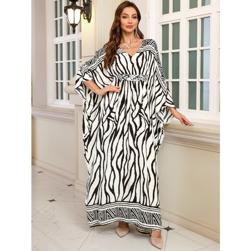Женская мода весна осень геометрический принт длинный рукав V-образный вырез свободная талия повседневные платья