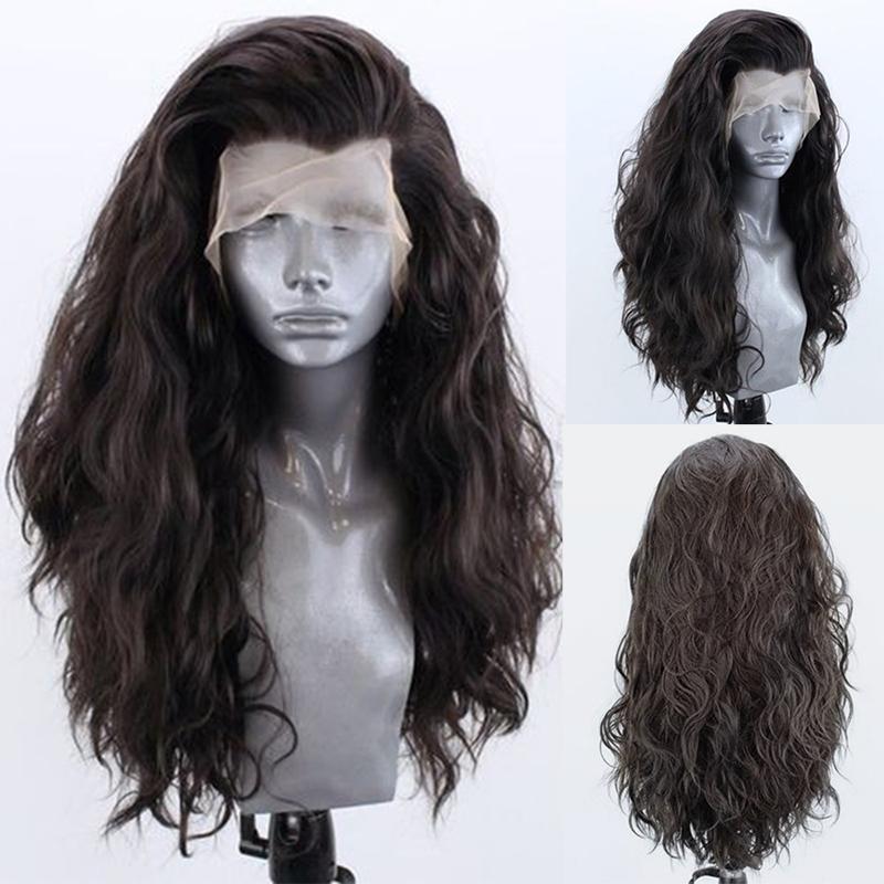 AIMEYA Dark Brown Long Curly Synthetic Lace Front Wigs for Women Free Part Pre Plucked Natural Hairline Cosplay Wigs