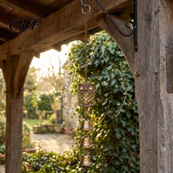 Metal Garden Bell Decor Vintage Owl Wind Chime with 3 Bells, Hollow Hanging Ornament, Crisp Sound Retro Pendant for Patio Balcony And Indoor
