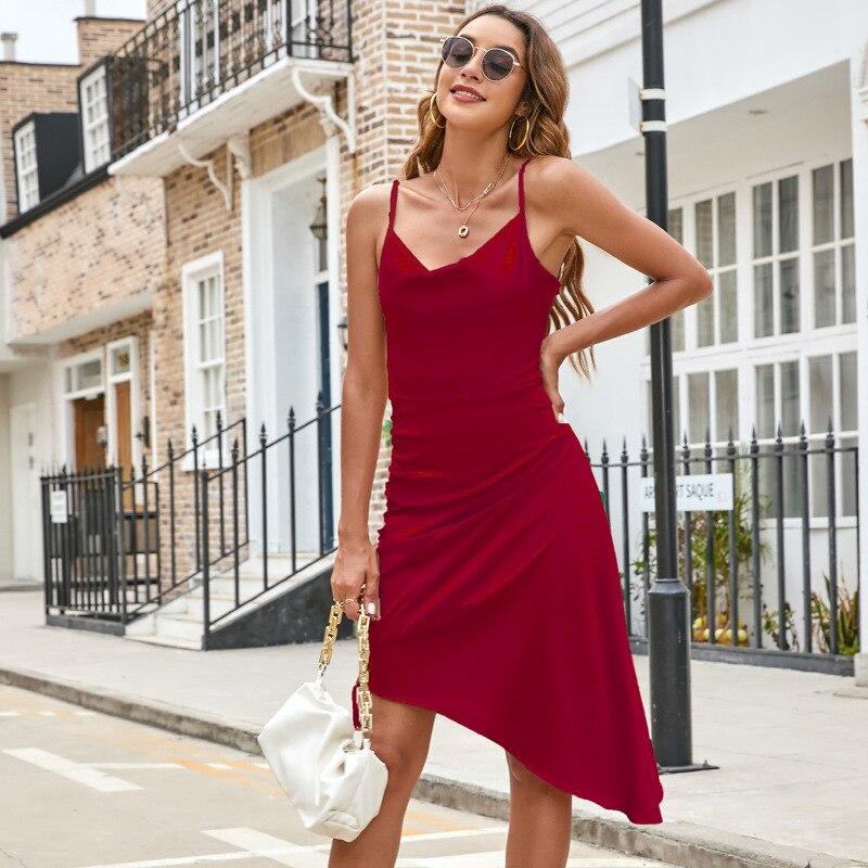 Однотонное атласное платье на бретельках неправильной формы, женское сексуальное платье с распашным воротником и открытой спиной, женские элегантные женские платья без рукавов с высокой талией 25276