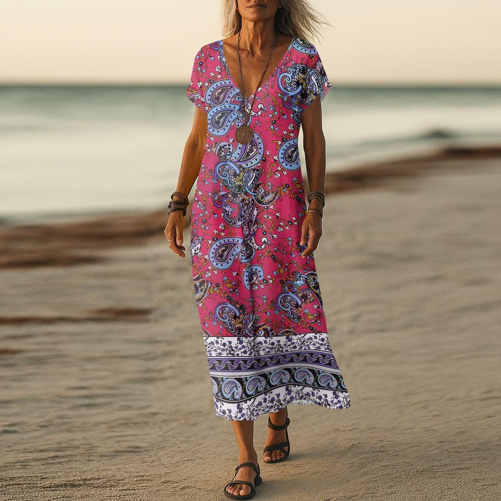 Летнее платье Женское длинное платье бохо для пляжа Элегантное платье макси V-образный вырез Короткий рукав Летнее платье-туника Легкое воздушное