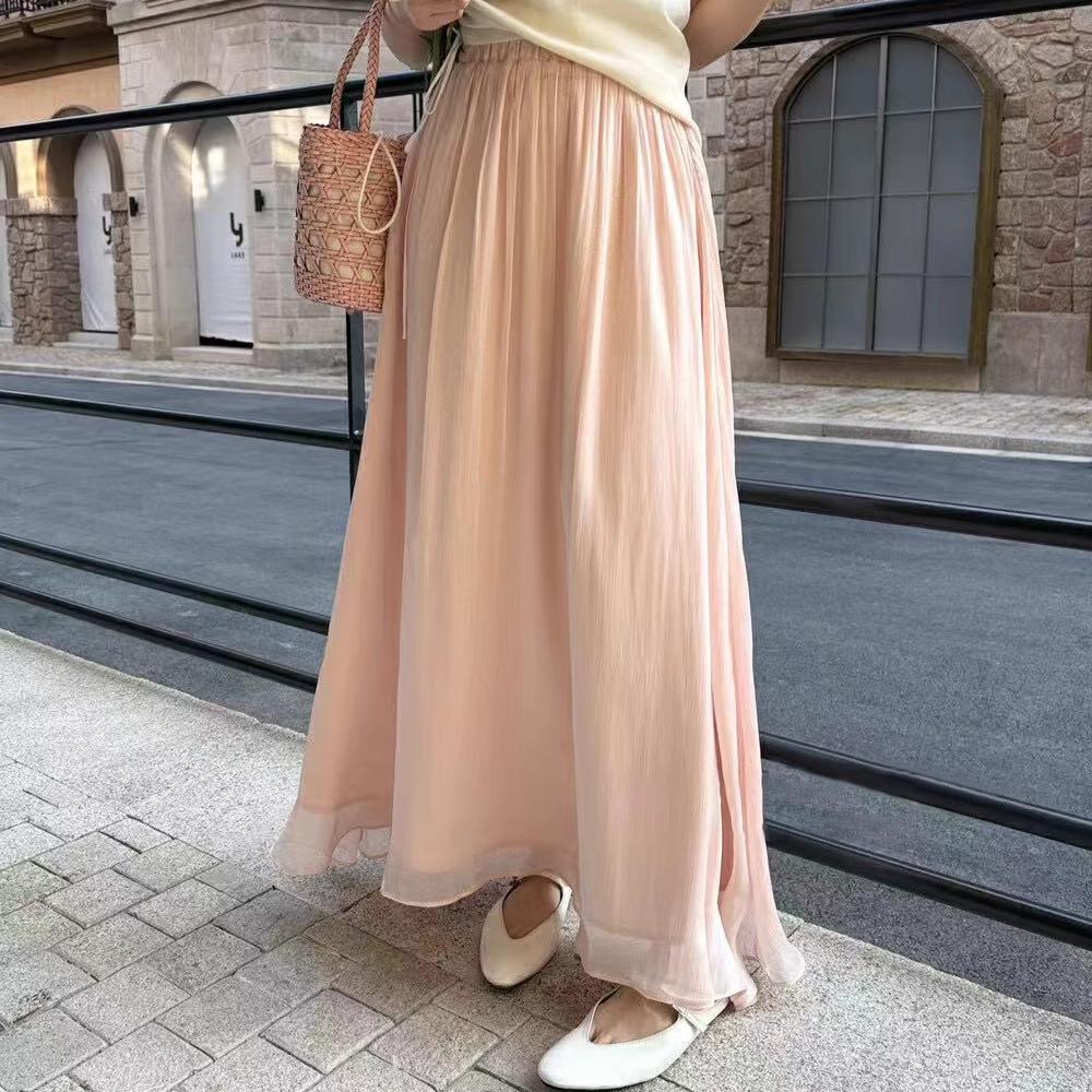 DIMANAF 2025 Лето Женские Новые Юбки Однотонные Эластичная Талия Плиссированные Сетчатые Элегантные Желтые Синие Юбки