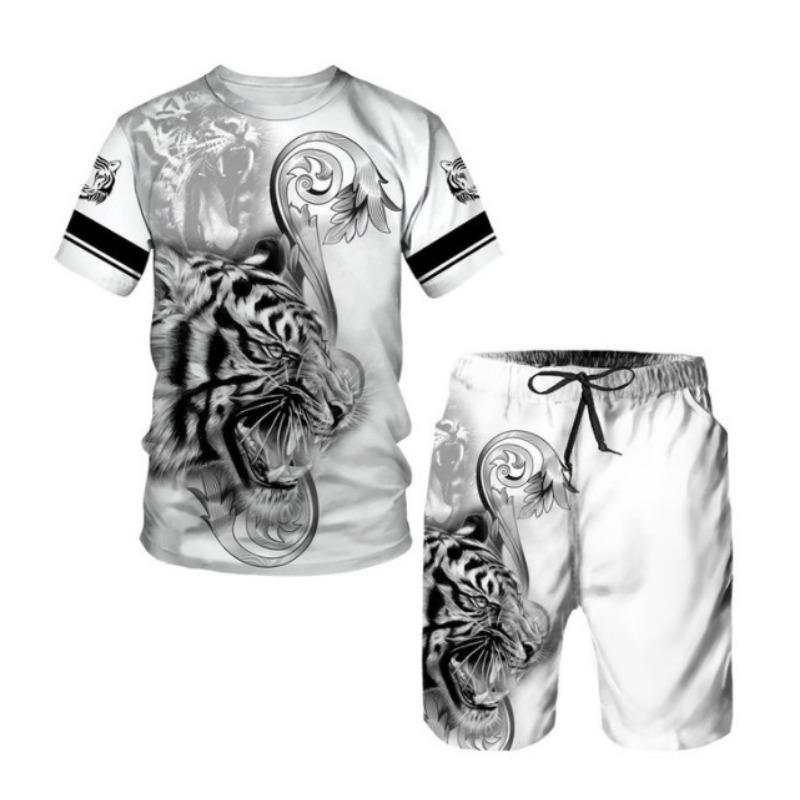 Летние мужские комплекты, шорты, наряды, футболка с коротким рукавом и принтом тигра 3D, повседневный спортивный костюм из двух частей, свободный размер, пляжная спортивная одежда