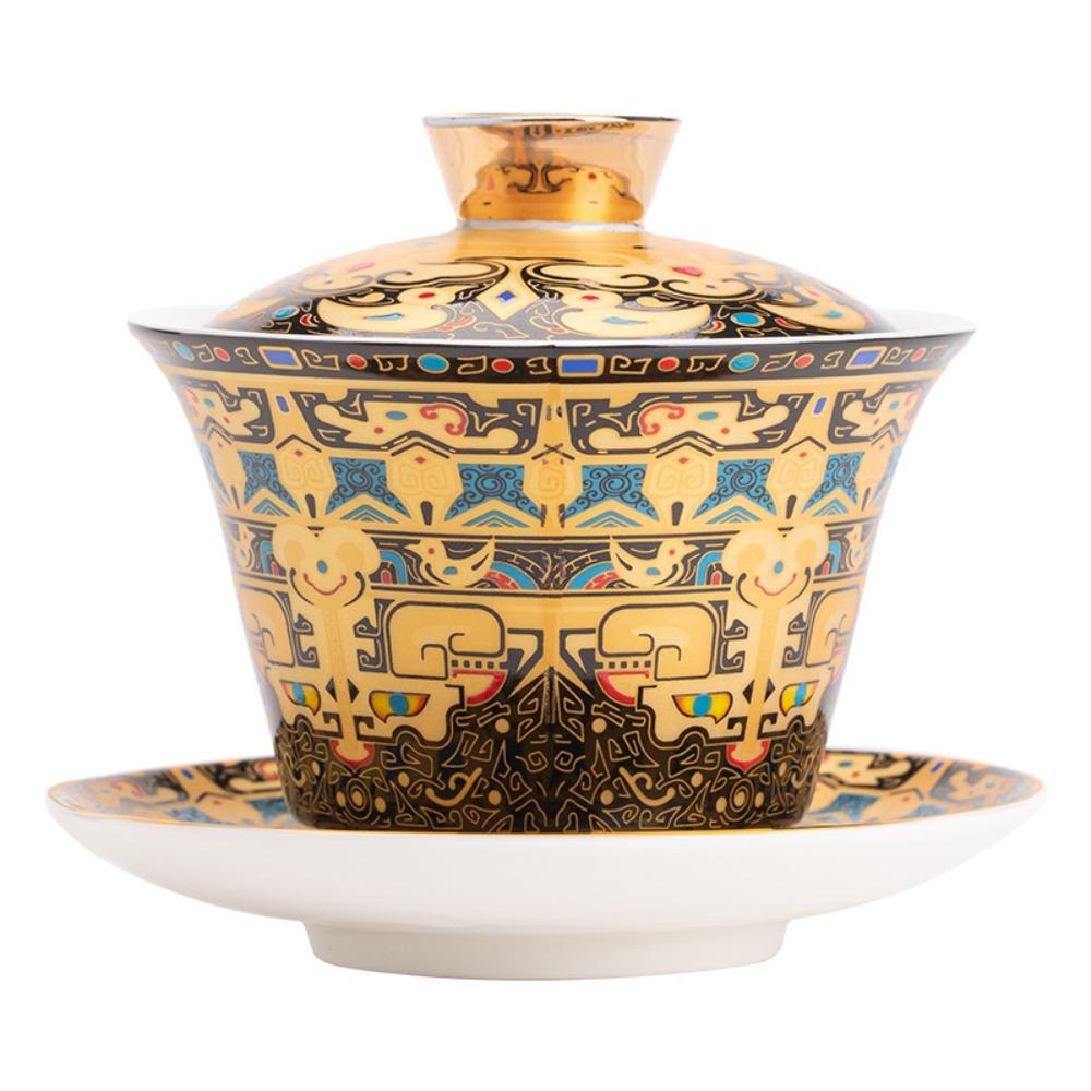 Большая позолоченная крытая чаша в китайском стиле, эмалированная цветная керамика Саньцай, чайная чаша в ретро стиле, позолоченный серебряный чайный сервиз в дворцовом стиле