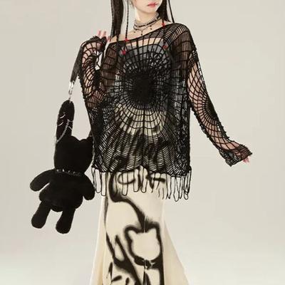 Вязаный свитер с узором «паутина» и кисточками на подоле, однотонный пуловер в ажурном стиле